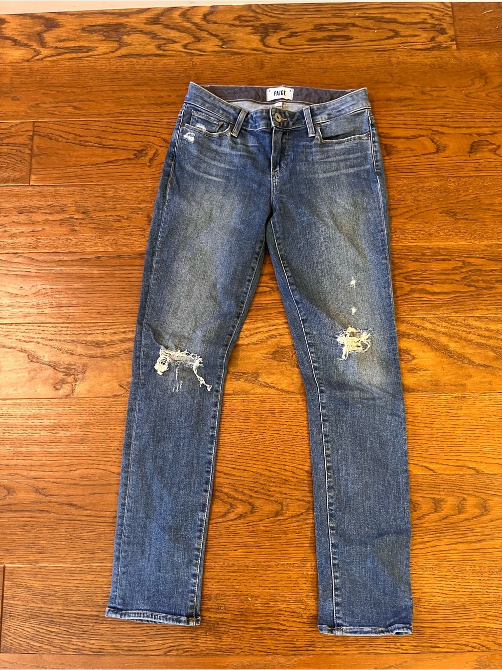 PAIGE Skyline Ankle Peg Women's‎ Medium Blue Distressed Skinny Jeans